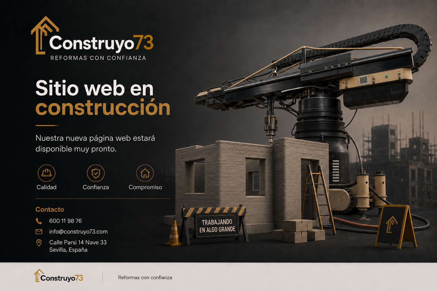 Sitio web en construcción
Nuestra nueva página web estará disponible muy pronto.
Estamos preparando un nuevo espacio donde podrás descubrir nuestros servicios de reformas integrales, proyectos realizados y solicitar presupuestos de forma rápida y sencilla.
Gracias por tu paciencia.
📞 600 11 98 76
📧 info@construyo73.com
📍 Calle Parsi 14 Nave 33
Sevilla (España)